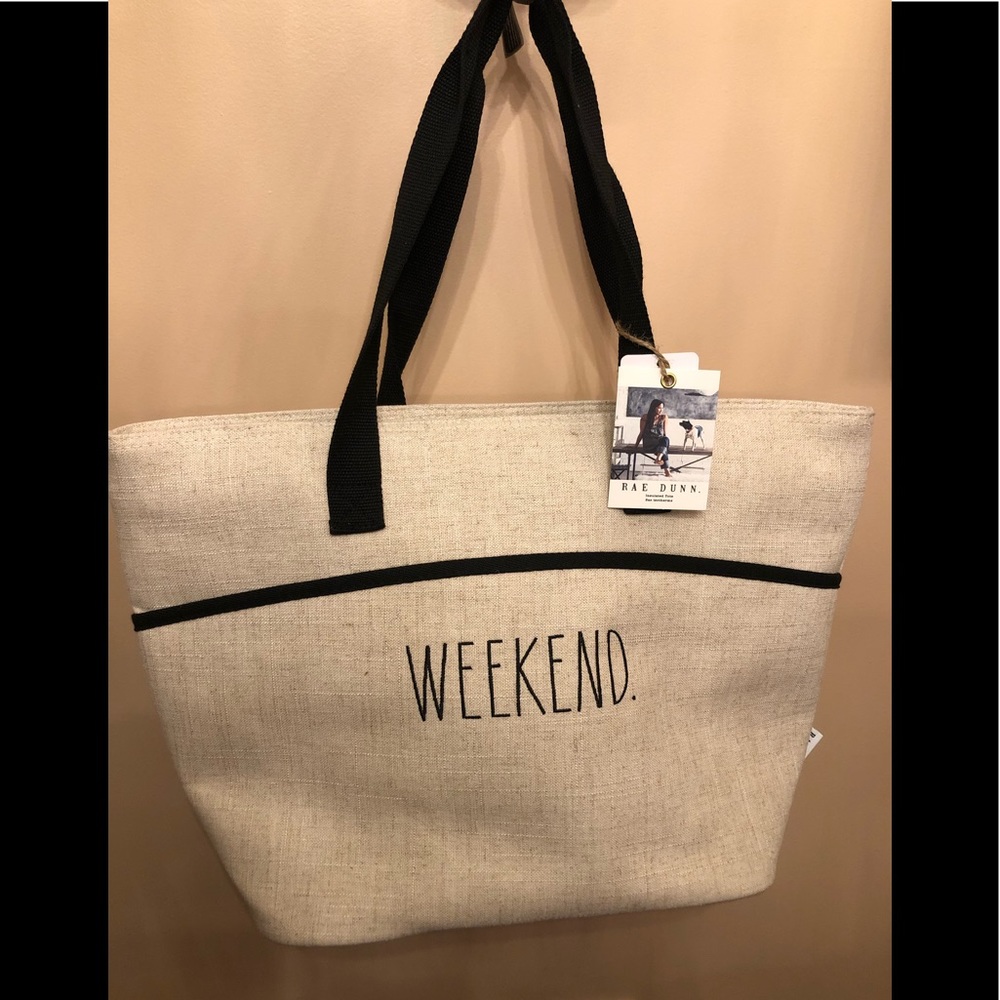 Rae Dunn WEEKEND Bag Insulated Tote Large Linen Zipper Closure NWT